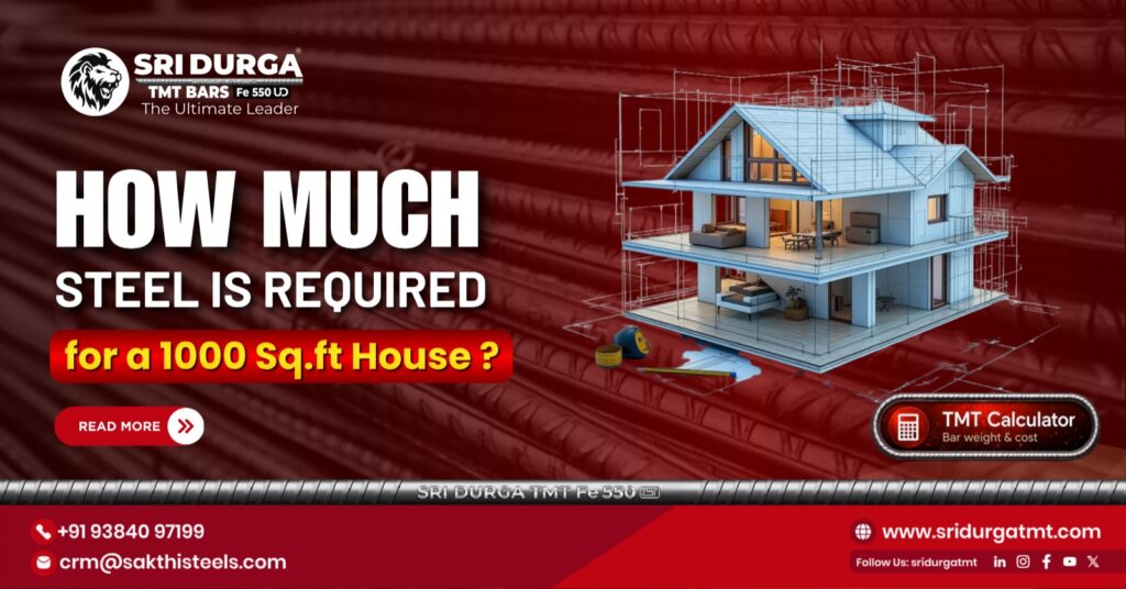 TMT Bar Calculator for 1000 sq ft house construction showing TMT bars used for steel calculation in Tamil Nadu