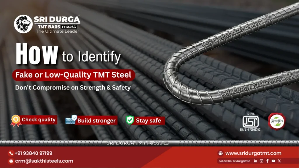 Identify fake TMT steel by checking ISI mark, bend test, weight consistency and surface quality