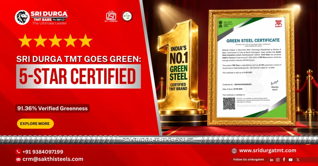 Sri Durga TMT 5-Star Green Steel with 91.36% verified greenness